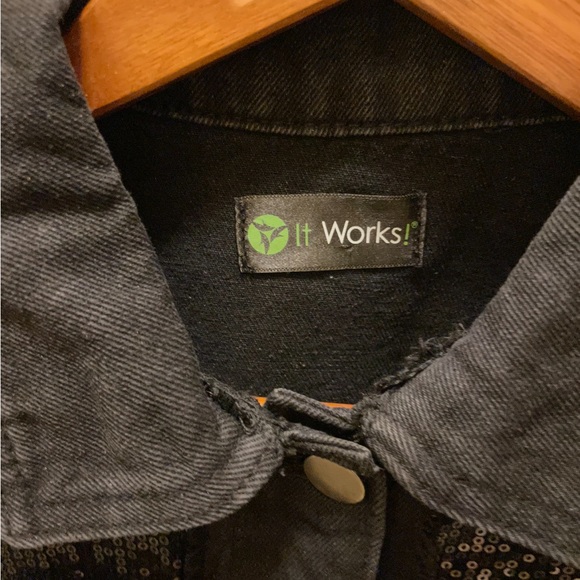 Denim jacket, sequins shoulders, front & back patch “It Works”! Worn once. - Picture 7 of 8